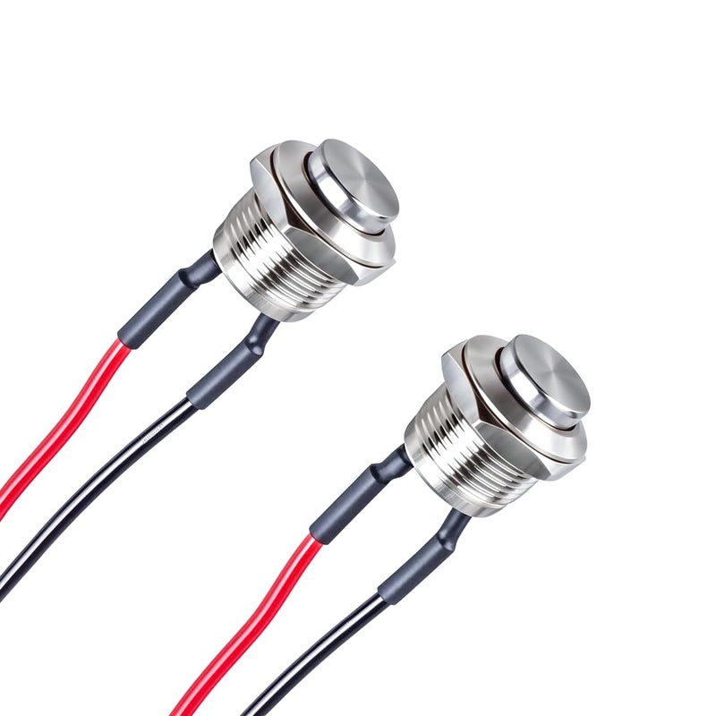 Punnzer (2-Pack) 12mm Silver Metal Waterproof Momentary Push Button Switch - IP66 Rated, 1/2" Mount Hole, 1NO Contact (0-220V) High Head - Image 1